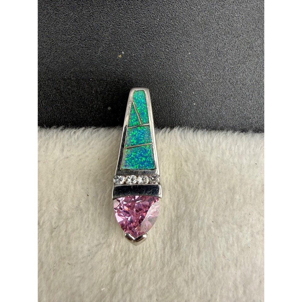 Vintage AK Sterling‎ Silver Pendant Pink Rhinestone Inlay
